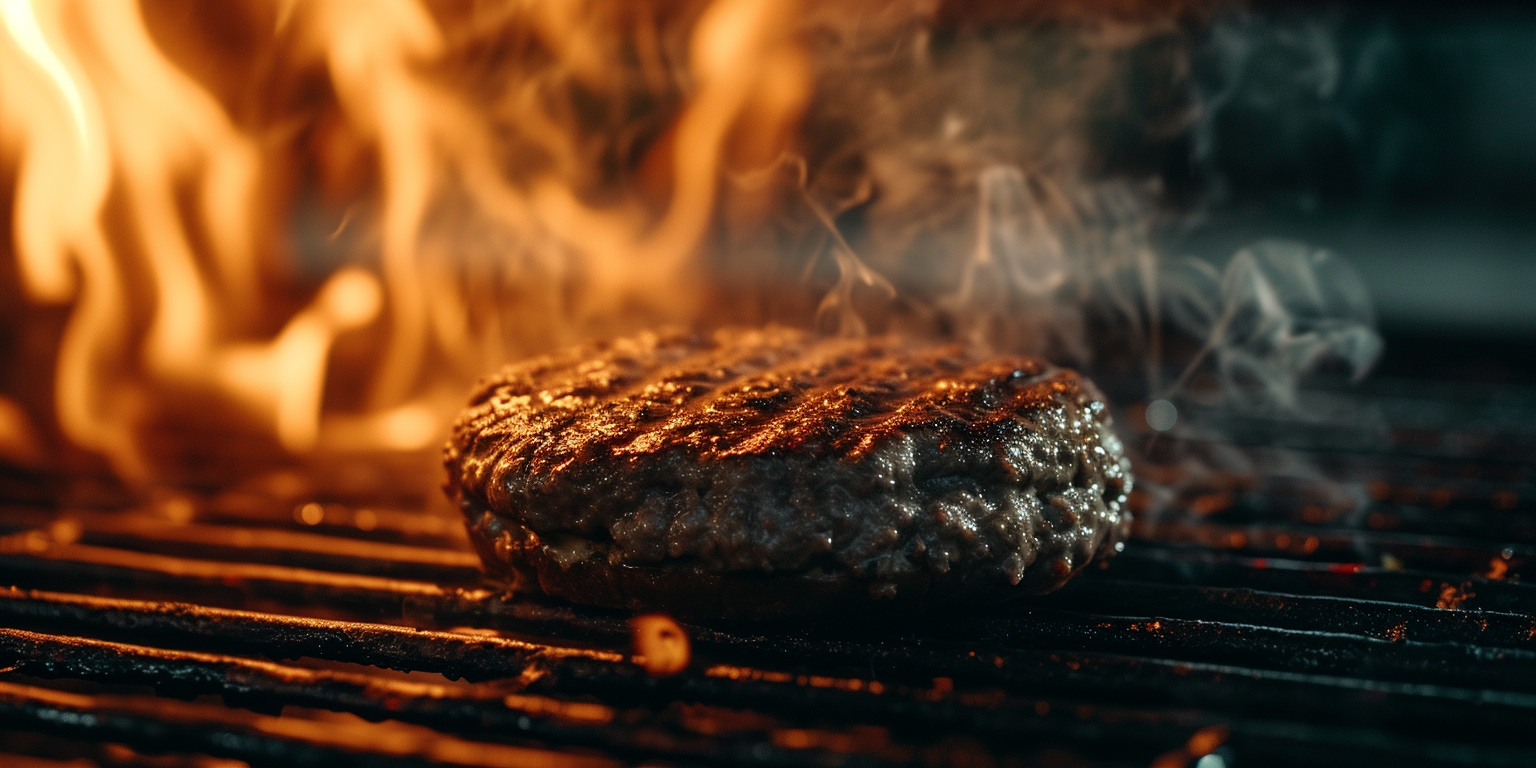A hamburger cooking on a fiery grill