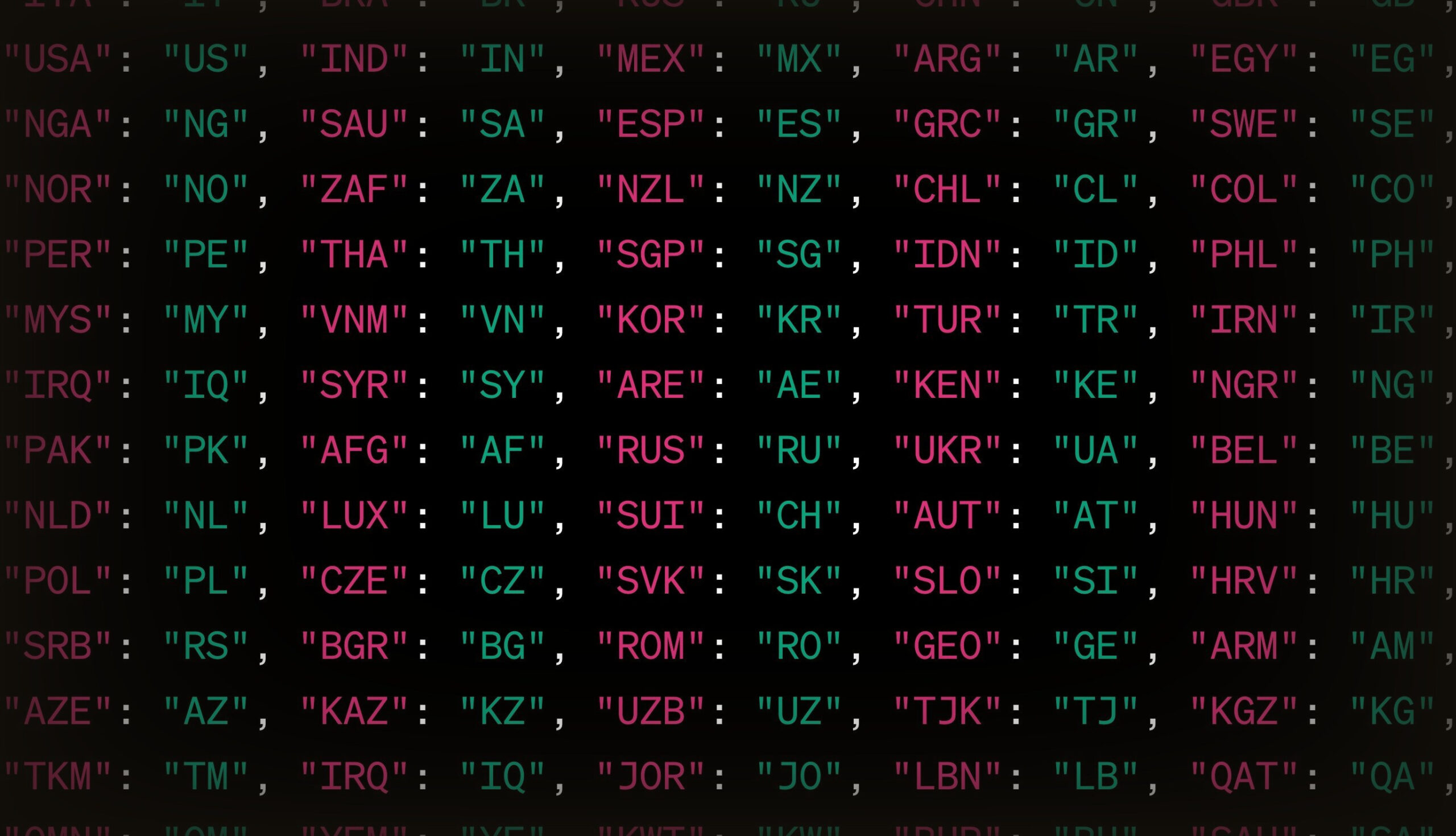 A screenshot of a JSON mapping of country codes with a dark vignette