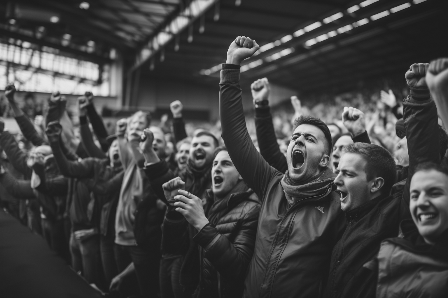 Group of excited fans cheering at an event in black and white.