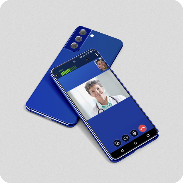 Blue smartphone with a telemedicine app displaying a video call with a doctor.