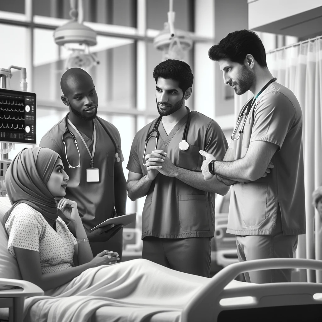 A group of healthcare professionals discussing with a patient in a hospital room.