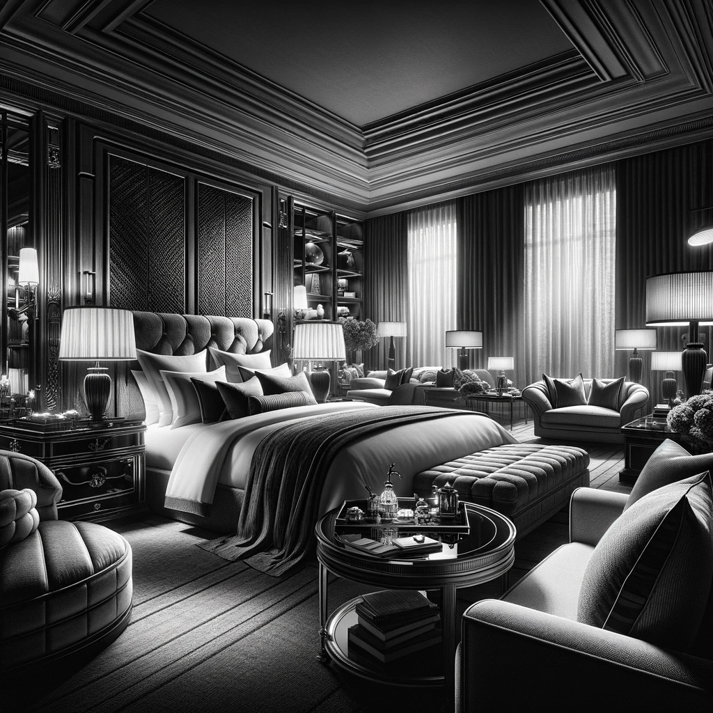 A black and white photo of a luxury hotel room interior with plush furnishings.