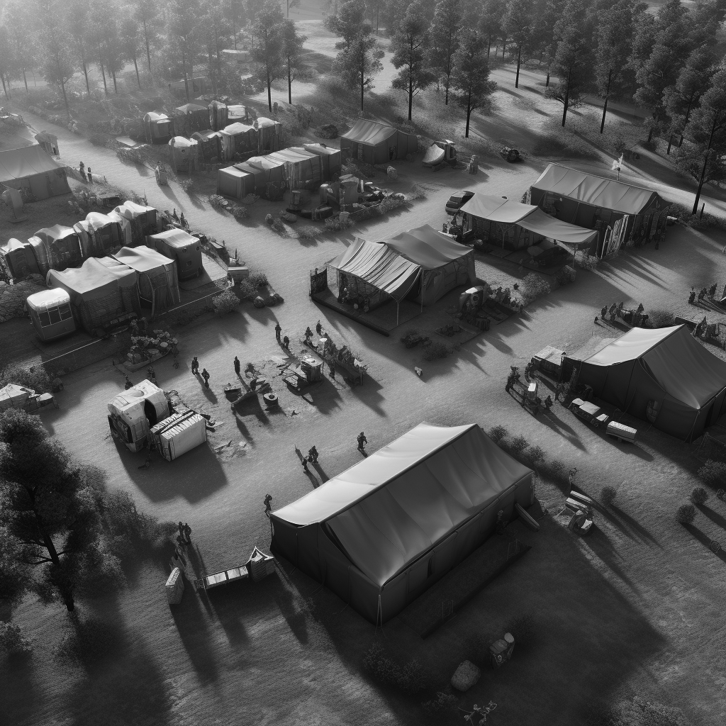 Aerial view of a military field hospital with tents and personnel.