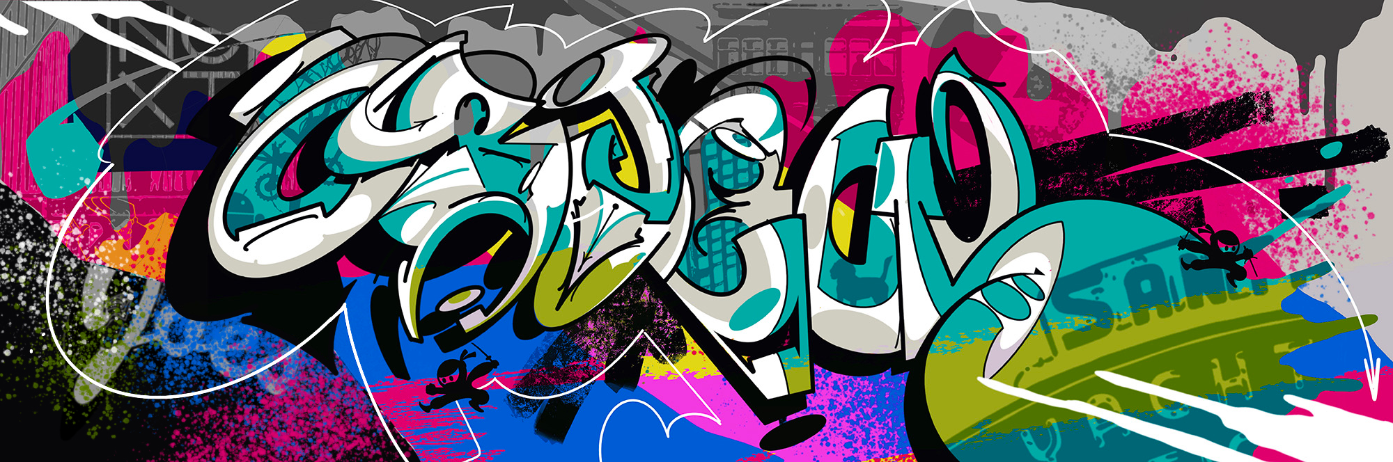Colorful graffiti-style artwork with abstract shapes and splashes of paint