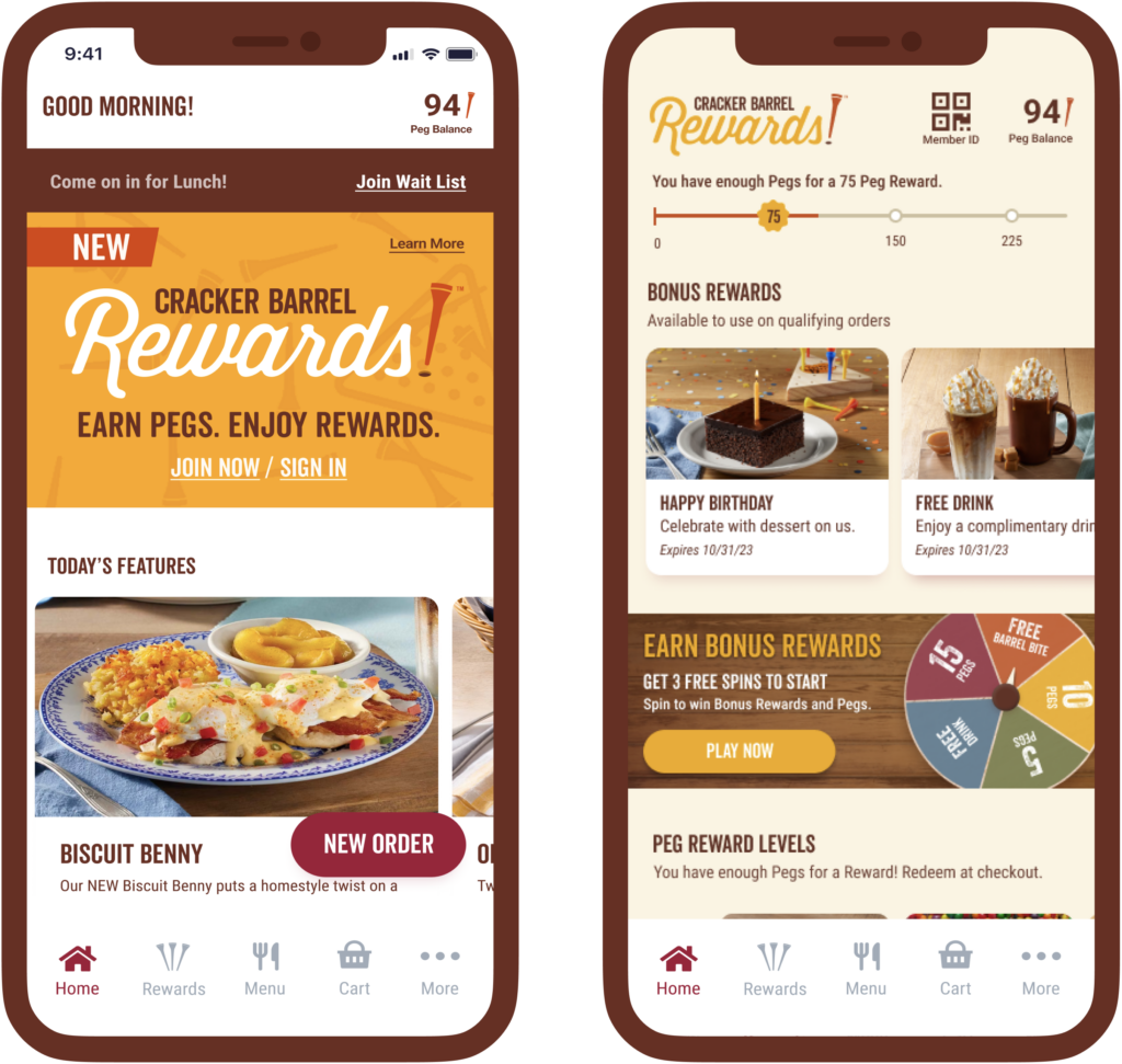 Screenshots of a restaurant rewards mobile app featuring reward offers and menu items.