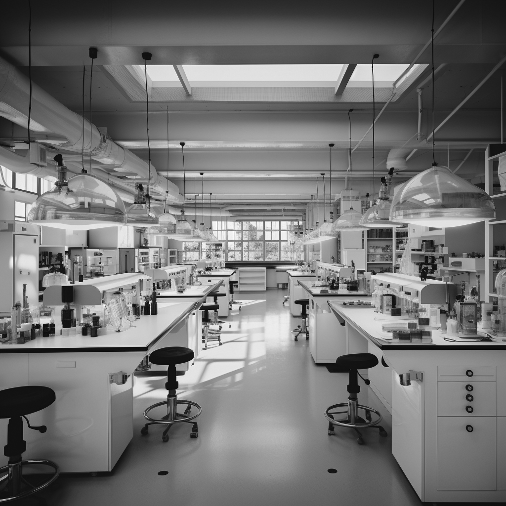 Modern science laboratory interior with equipment and furniture.