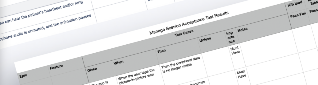 Software development project spreadsheet with user stories and acceptance criteria.