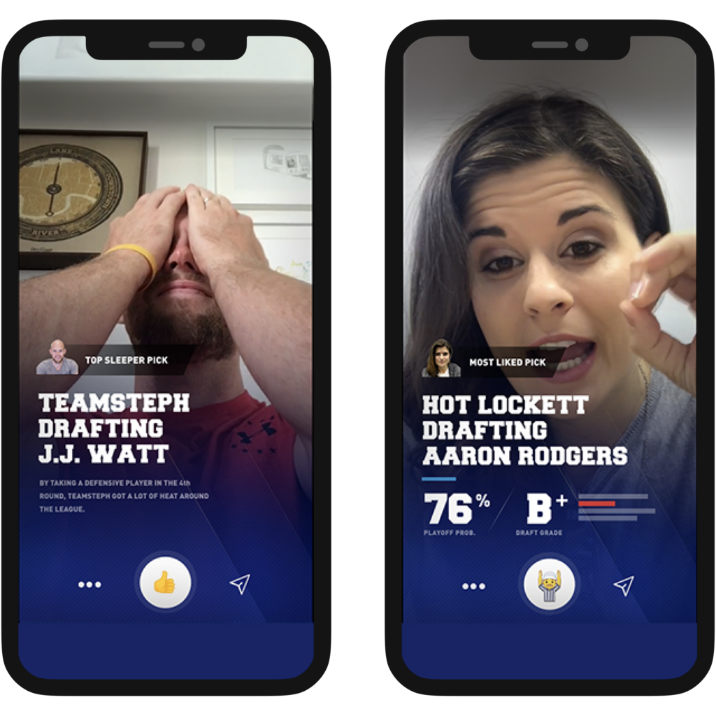 Two smartphones displaying fantasy sports screenshots.