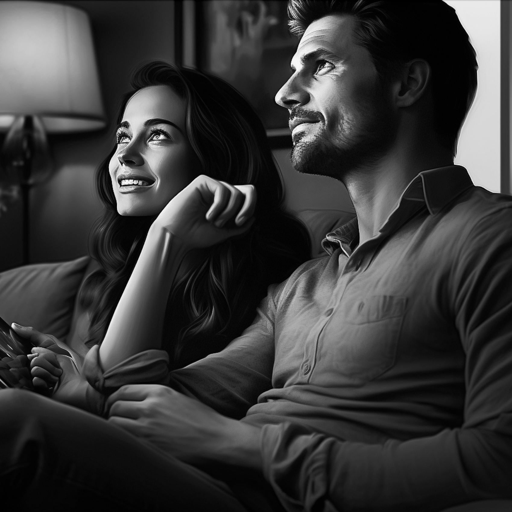 Happy couple smiling and looking in the same direction while sitting closely on a sofa.