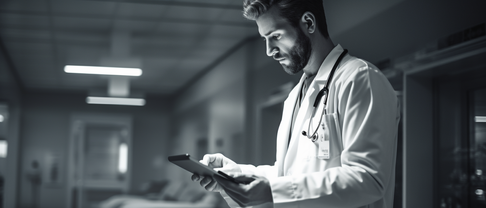 Doctor in white coat using a tablet in a hospital corridor.