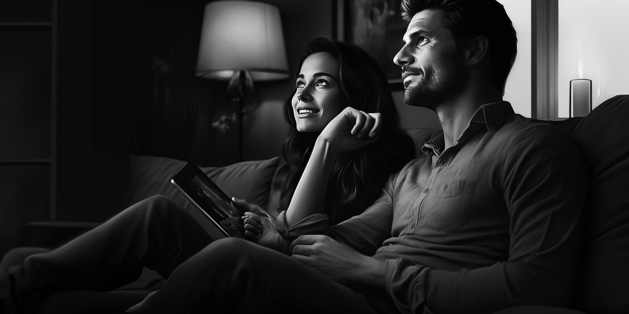 A couple relaxing on a sofa, smiling and watching TV with a tablet in hand.