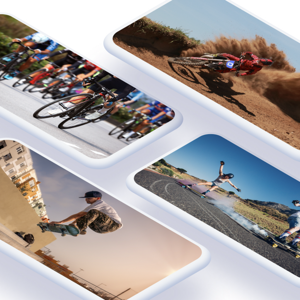 Collage of action shots including cycling race, motocross rider, skateboarder, and urban BMX rider.