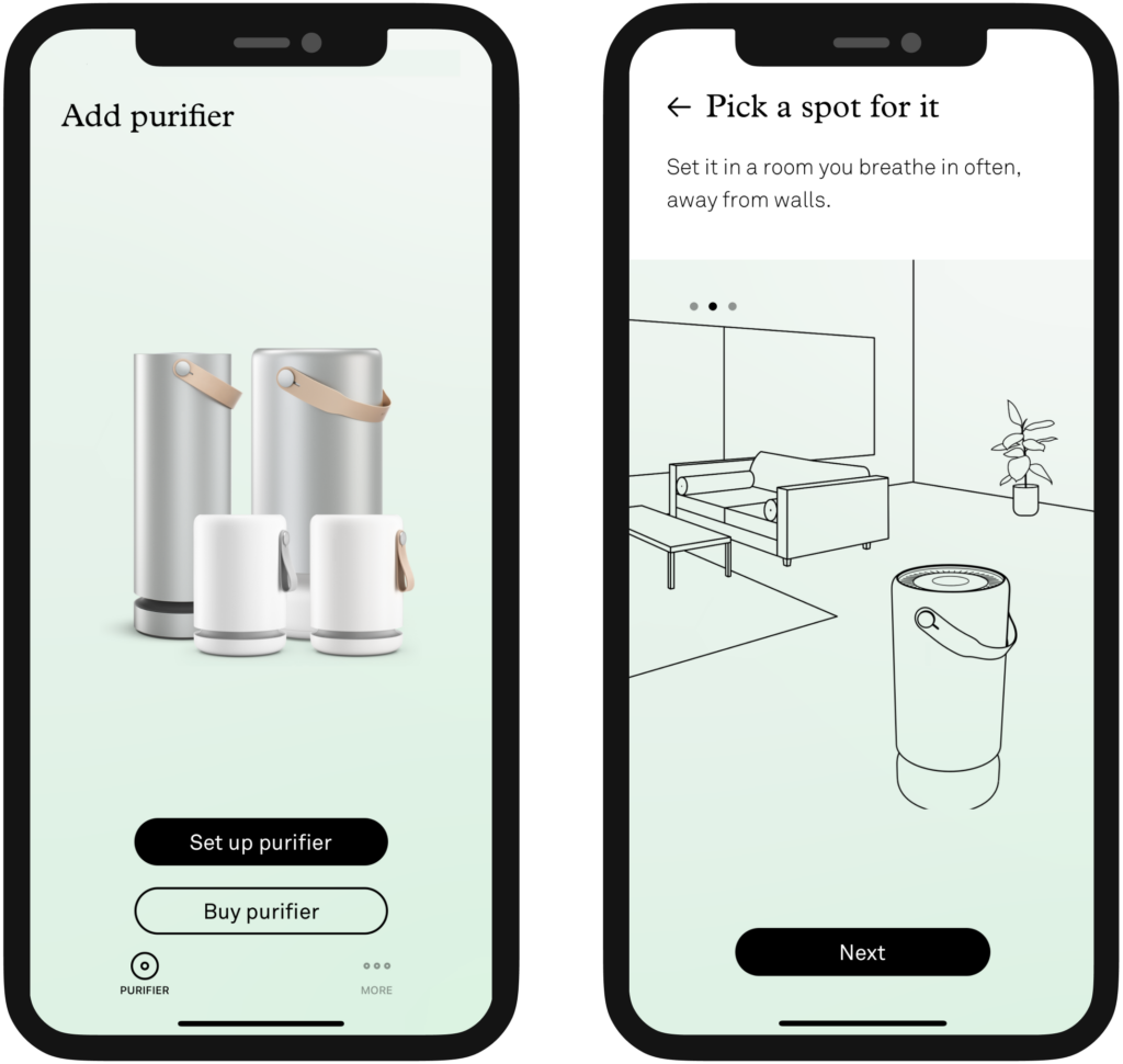 Screenshots of a mobile application with instructions for setting up an air purifier; one screen shows different purifier models, and the other illustrates optimal placement in a room.