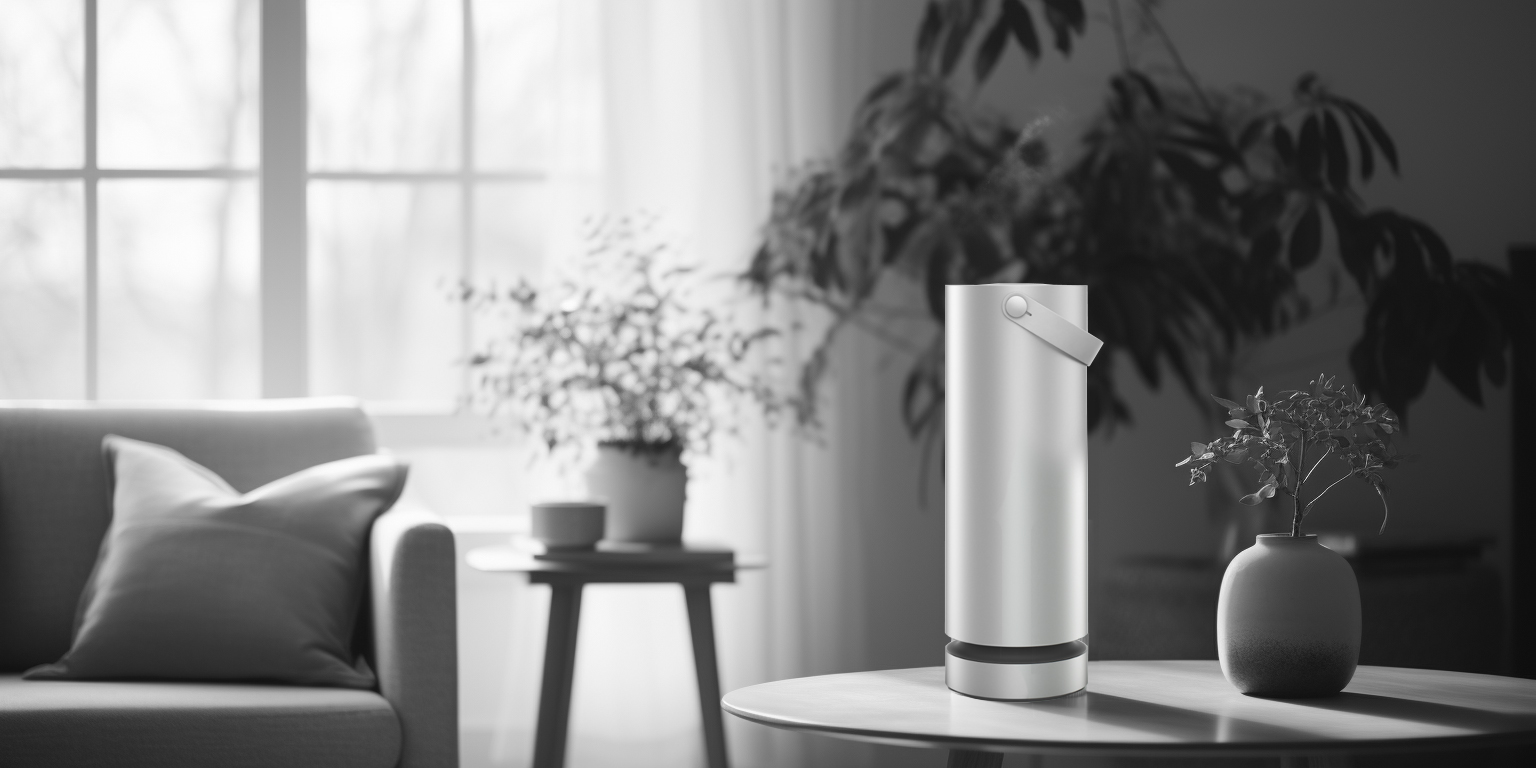 Modern air purifier on a wooden table in a bright room with plants