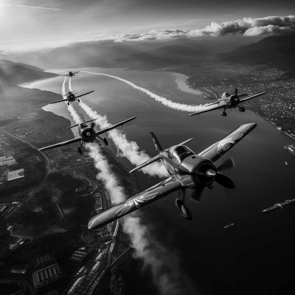 Formation of airplanes flying over a body of water with smoke trails.