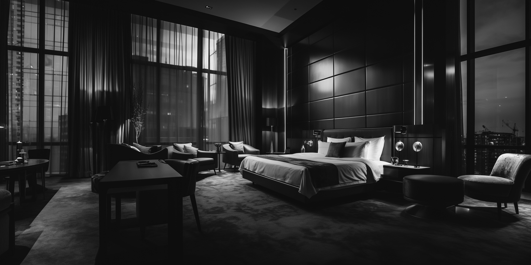 Black and white image of a luxurious hotel room interior at night with large windows and city view.