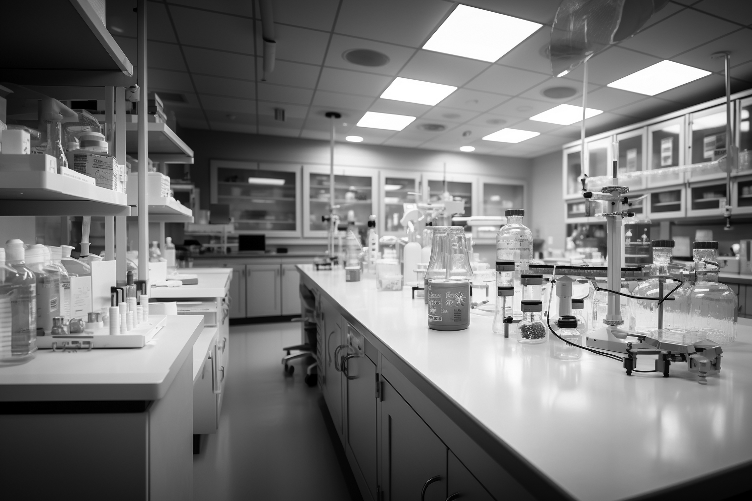 A black and white photo of a laboratory interior with equipment and supplies on the tables.