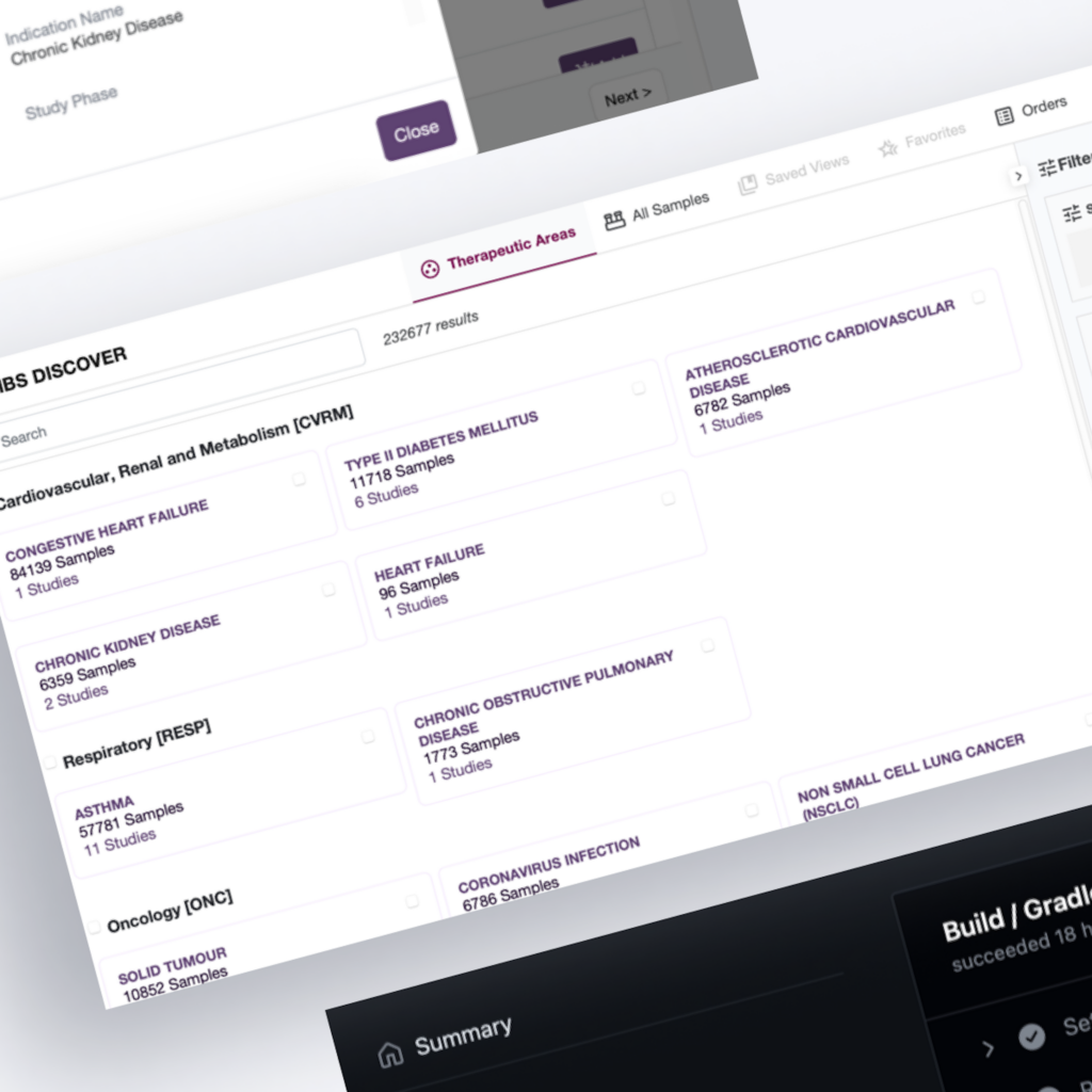 Screenshot of a medical dashboard displaying various therapeutic areas and corresponding study samples and studies.