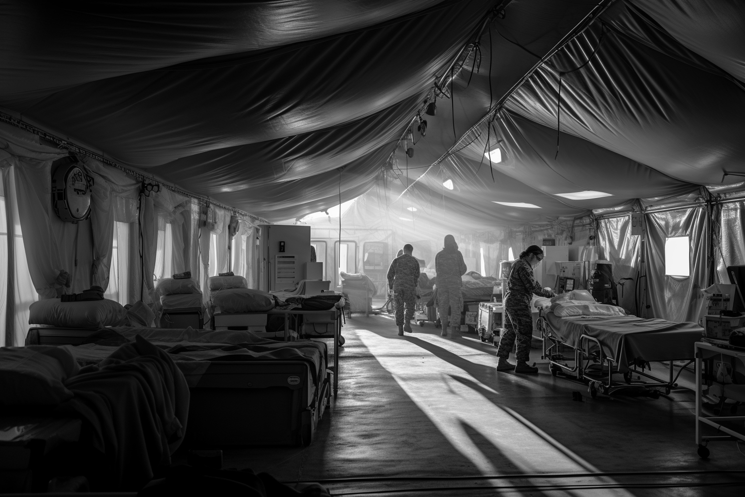 Inside a military field hospital with personnel and beds in a tent.