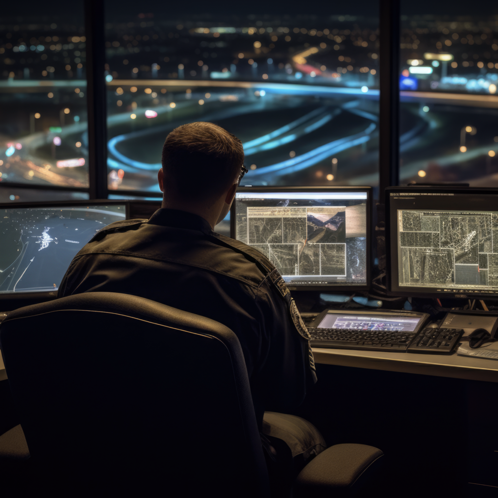 Military officer monitoring screens in a command center at night.