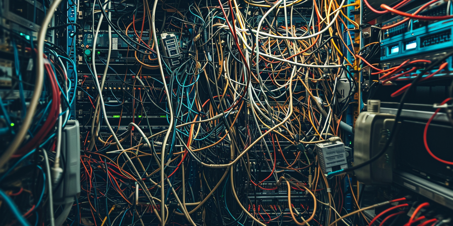 A jumble of wires in a disorganized server room