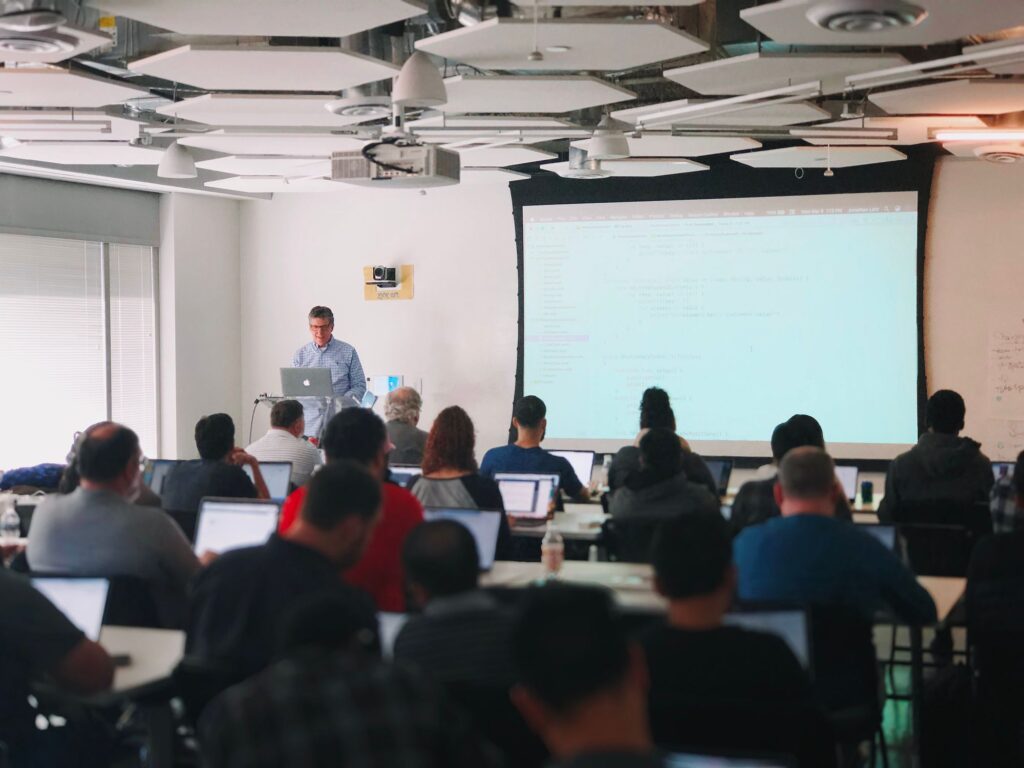 A technical presentation in a room full of people