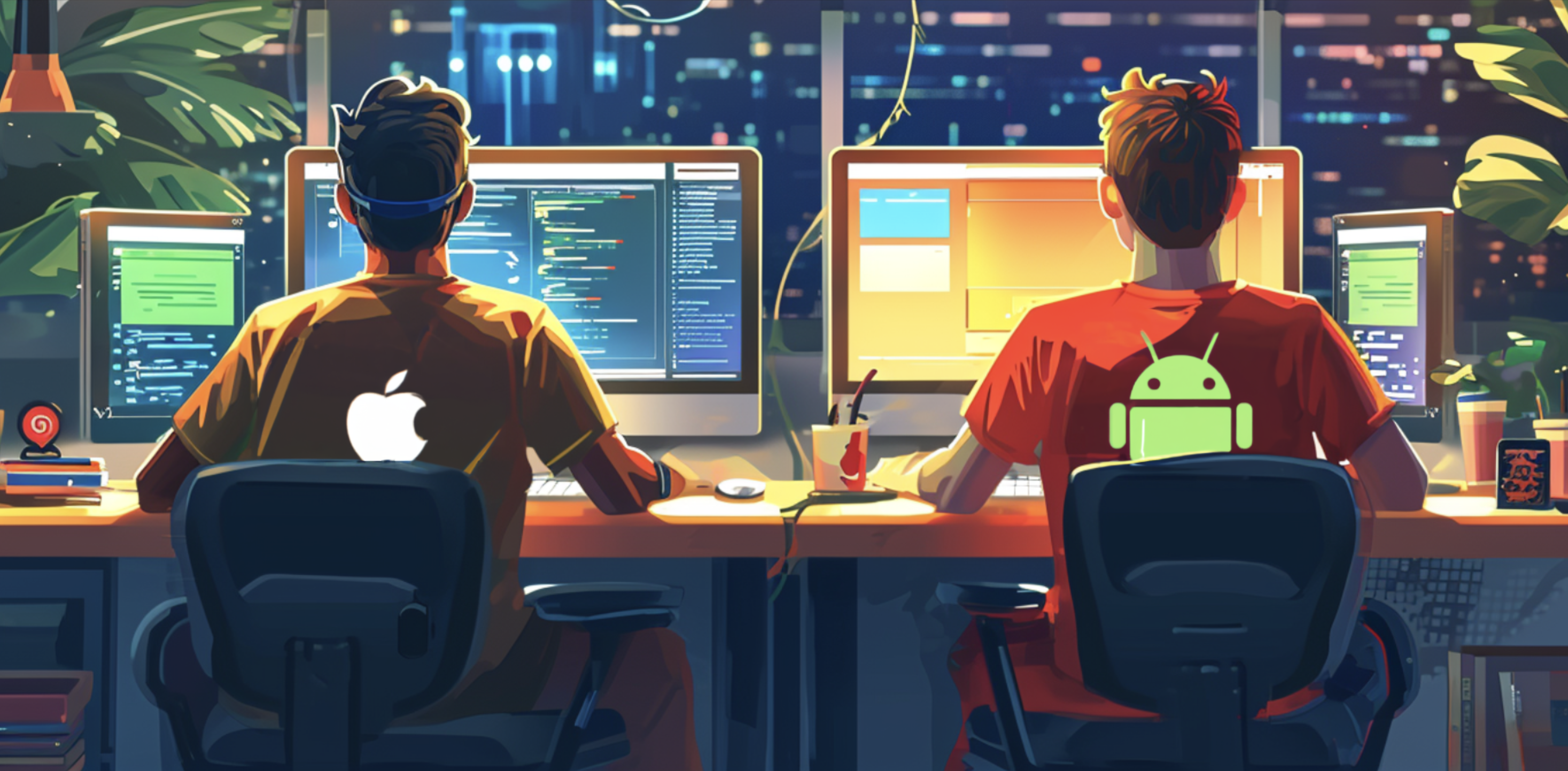 An artistic rendering of two developers coding, one wearing an Apple shirt, the other an Android shirt