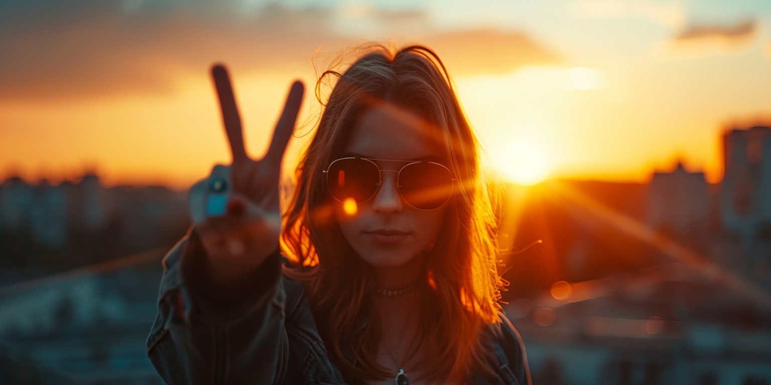 A woman holding out two fingers during a sunset