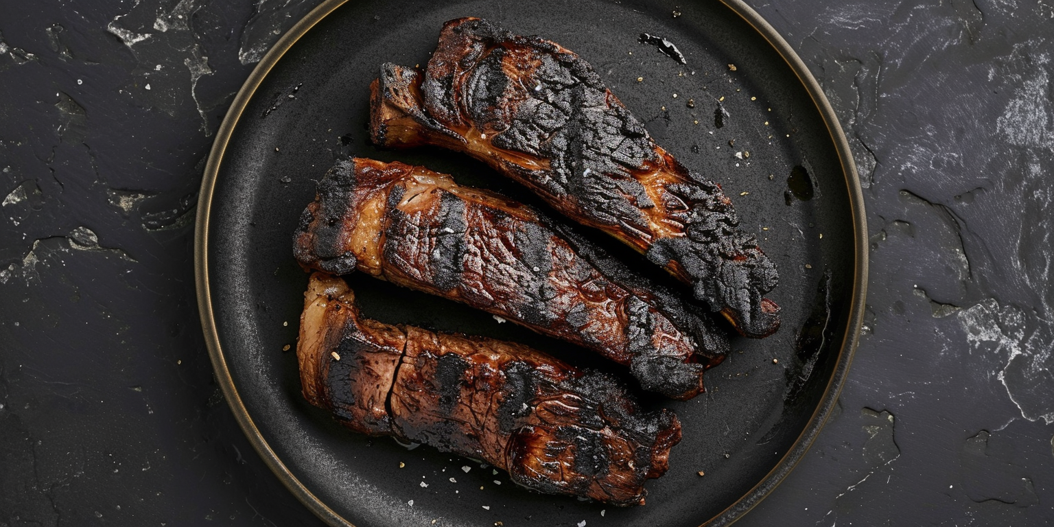 A photograph of well done steak on a plate