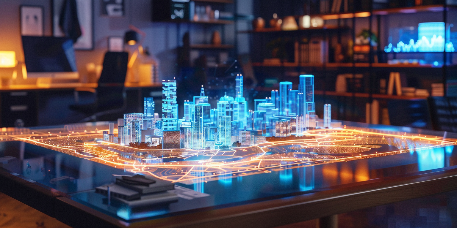 A photograph of a holographic map of a city