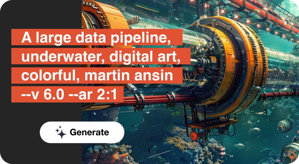 An abstract, artistic picture of a data pipeline generated by AI with the prompt overlaid