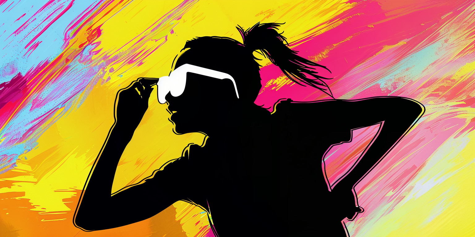 The silhouette of a girl dancing with white sunglasses over a colorful background