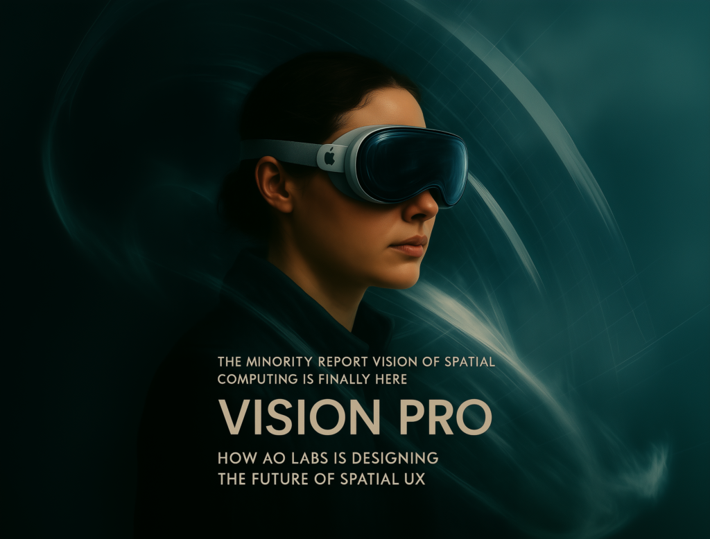 A poster of a woman wearing a vision pro VR headset