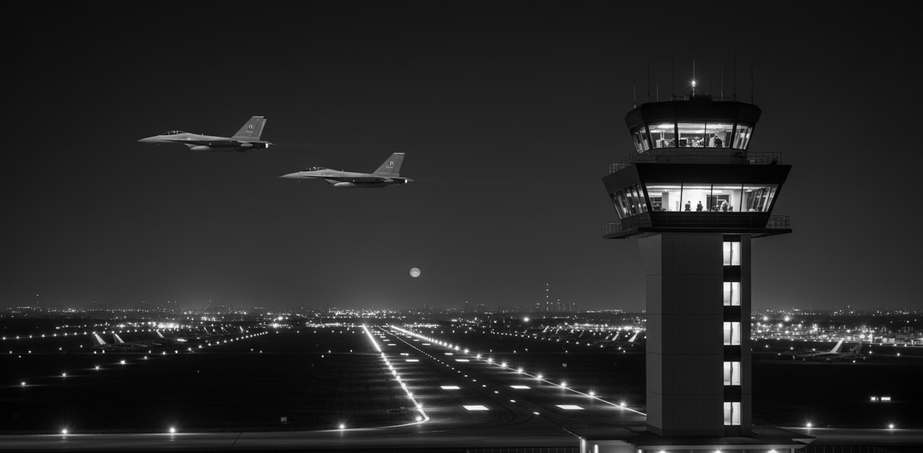 Jets flying over a military ATC tower