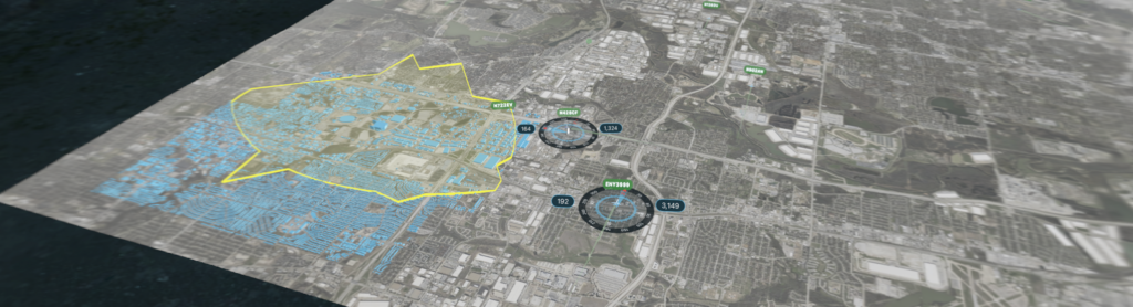 A 3D map with HUD-enabled aircraft flying above it