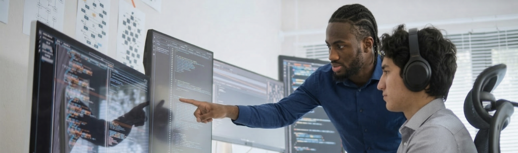 A landscape image of two engineers reviewing code, one of them pointing and the other wearing headphones