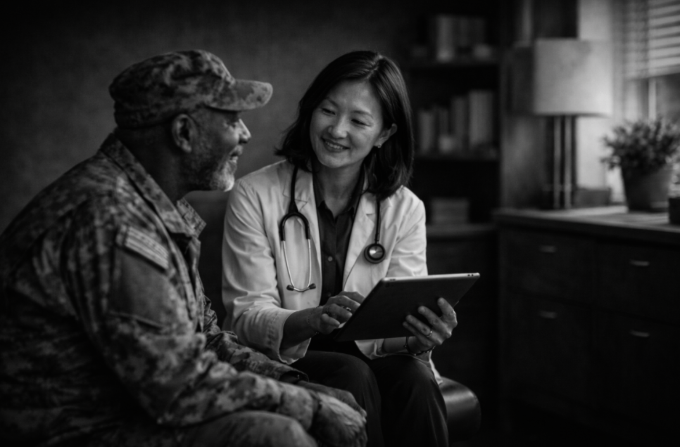 A veteran and a doctor smile while the doctor holds a tablet